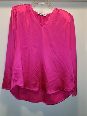 Satin V-Neck Blouse in Fuchsia Pink